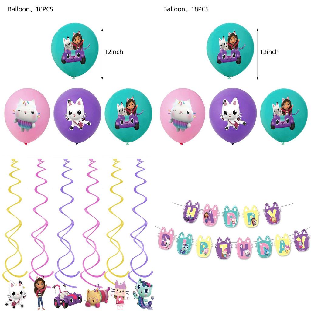 Casa de Muñecas de Gabby Suministros de Fiesta de Cumpleaños para Niños Set de Decoración Con Globos Duraderos y Banderines Coloridos