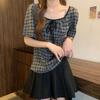 Checkered Short Sleeved Women's Tops French Retro Square Neck Lace Up Blouse Sweet Versatile Ladies Clothing