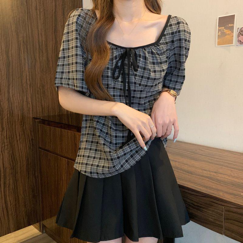 Checkered Short Sleeved Women's Tops French Retro Square Neck Lace Up Blouse Sweet Versatile Ladies Clothing