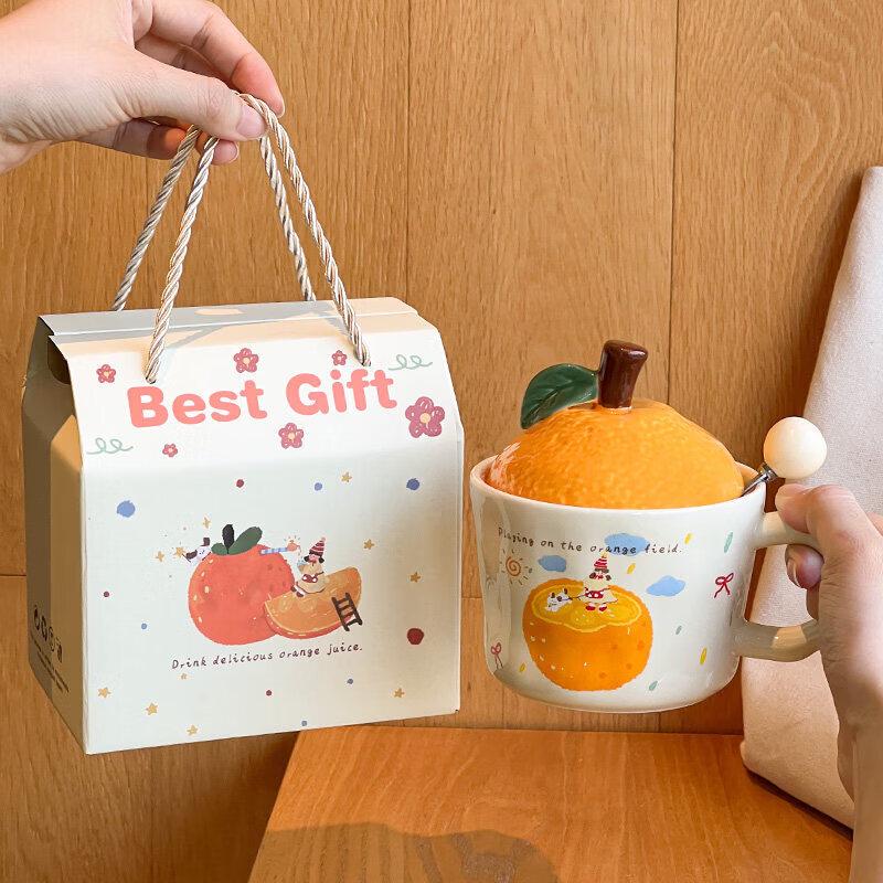 Qiwei Cute Ceramic Orange Mug with Lid and Spoon