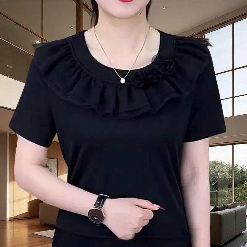 T-shirt Nera da Donna con Collo a Volant Manica Corta Vestibilità Aderente Top Casual Quotidiano