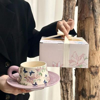 Retro Keramiktasse Untertasse Lagerstroemie Ölgemälde Kaffeetasse Untertassenset Nachmittagstee Latte Becher Souvenir Geschenkbox