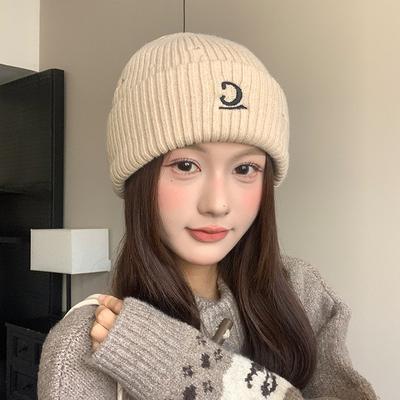 Letter Embroidered Knitted Hat for Women In Autumn and Winter Large Head Circumference Woolen Hat Thickened Warm Ear Protection Pullover Cold Hat