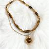 Tiger Eye Beaded Necklace With Geometric Shape Steel Pendant For Elegant Casual Attire