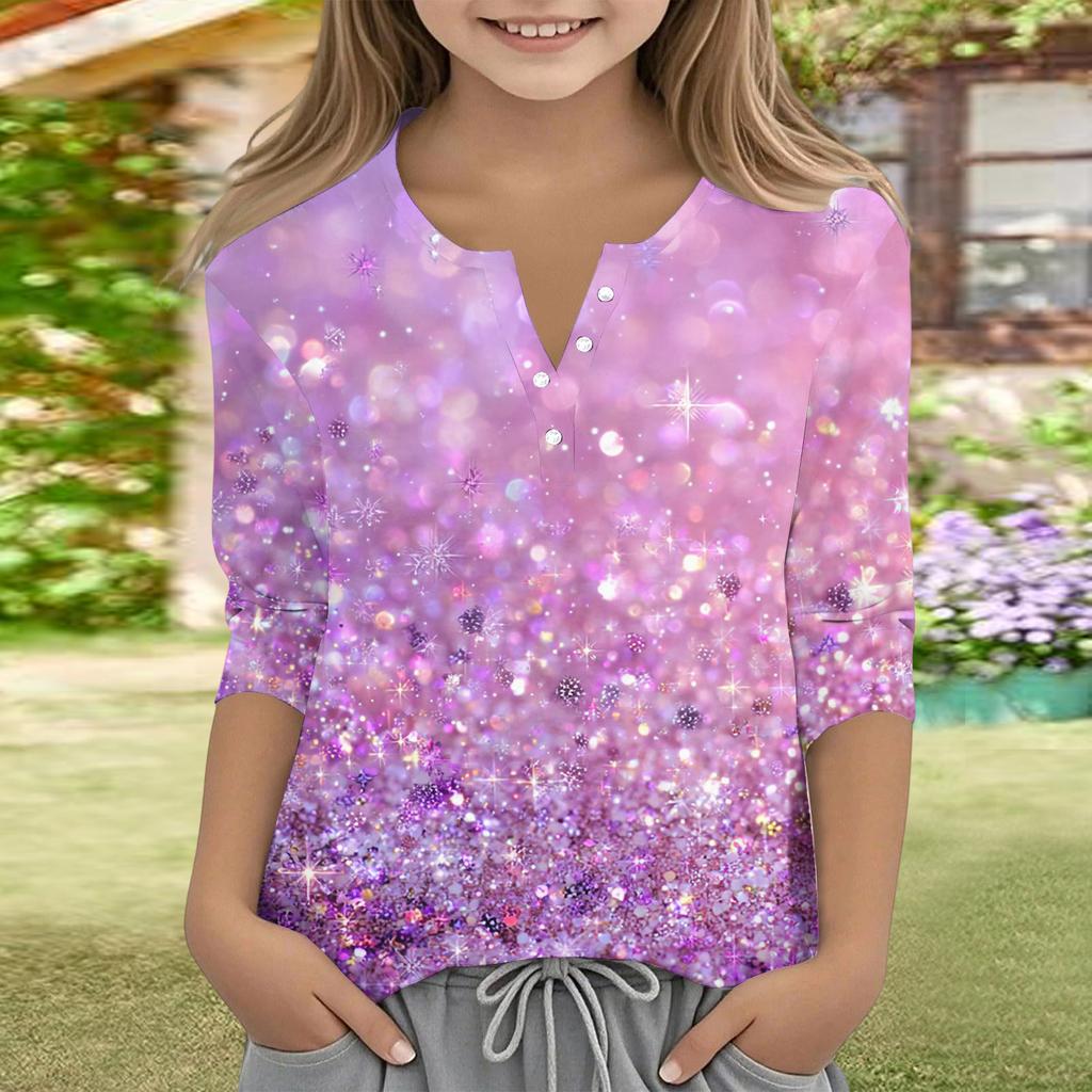 Print Tops For Youth Girls V Neck Button 3/4 Sleeves T-Shirts Trendy Tops Outfit Tees