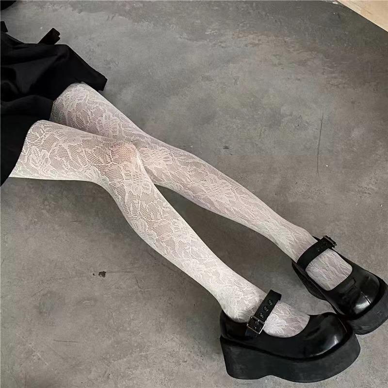 White Socks Women Sexy Fishnet Stockings Femme Summer Thin Flower Mesh Pantyhose Elastic Slimming High Waist Hollow Out Tights