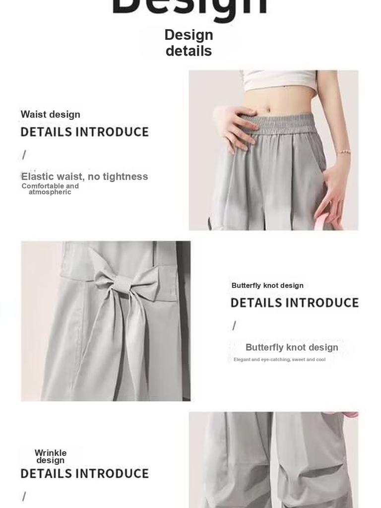Design Butterfly Bow Gray Workwear Casual Pants Women Summer New Style High Waist Loose Wide Leg Pants Women