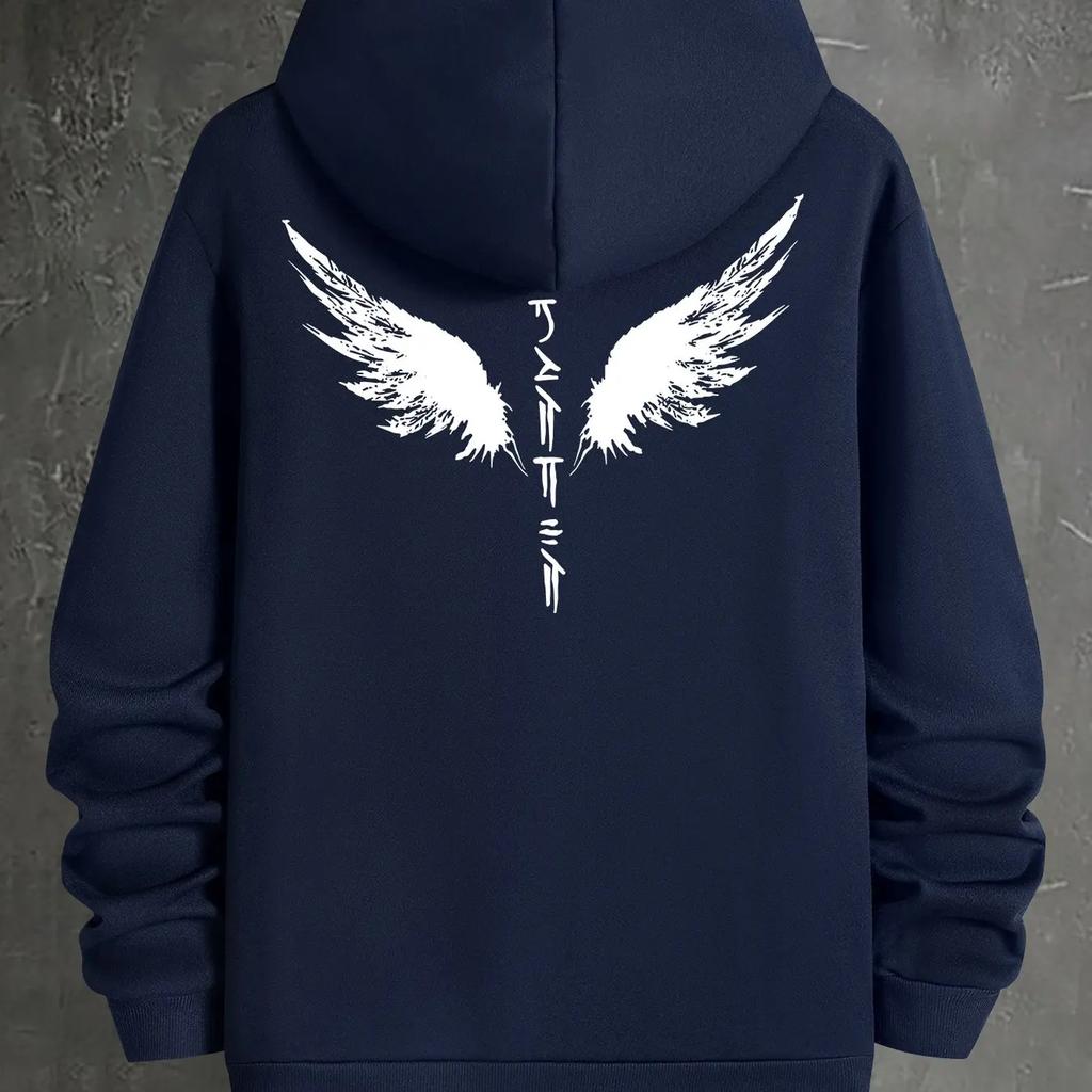 Sudadera con capucha retro para hombre, otoño/invierno, estampado de alas de plumas blancas, estilo casual holgado.