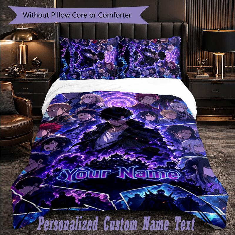 Personalized 3Pcs Bedding SetSolo Leveling Custom Text Duvet Cover Pillowcase Set Bedroom Gift