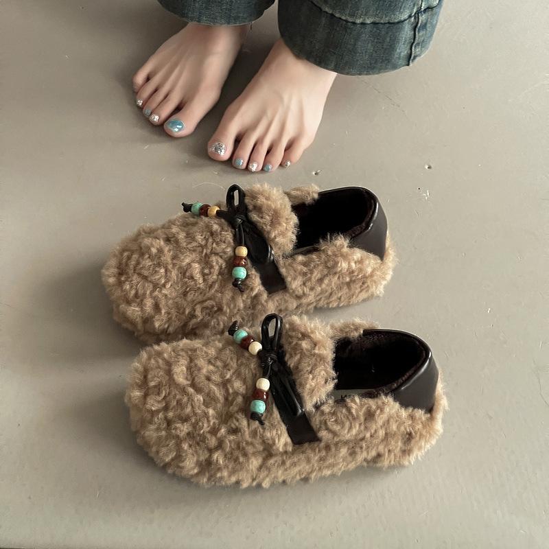 Fashion retro style beaded bow splicing Mao Mao single shoes women's winter 2025 new temperament outer wear cotton shoes