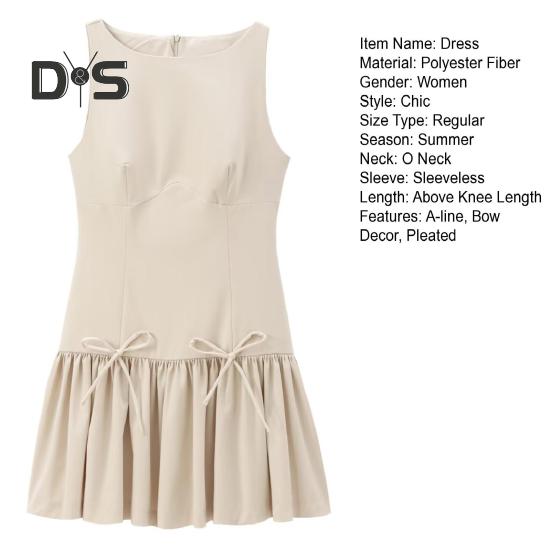 Women Summer Dress Sleeveless Bow Decor Pleated A-line Solid Color Mini Dress Back Zipper Closure O Neck Vest Dress for Dating Party