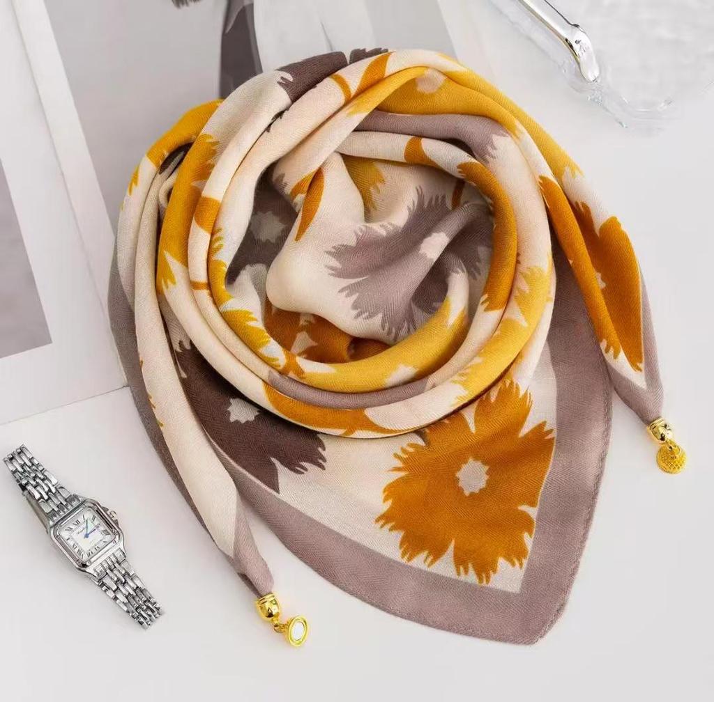 Chic Autumn/Winter Silk Scarf with Magnetic Golden Ball Clasp – Korean Style Neck Warmer