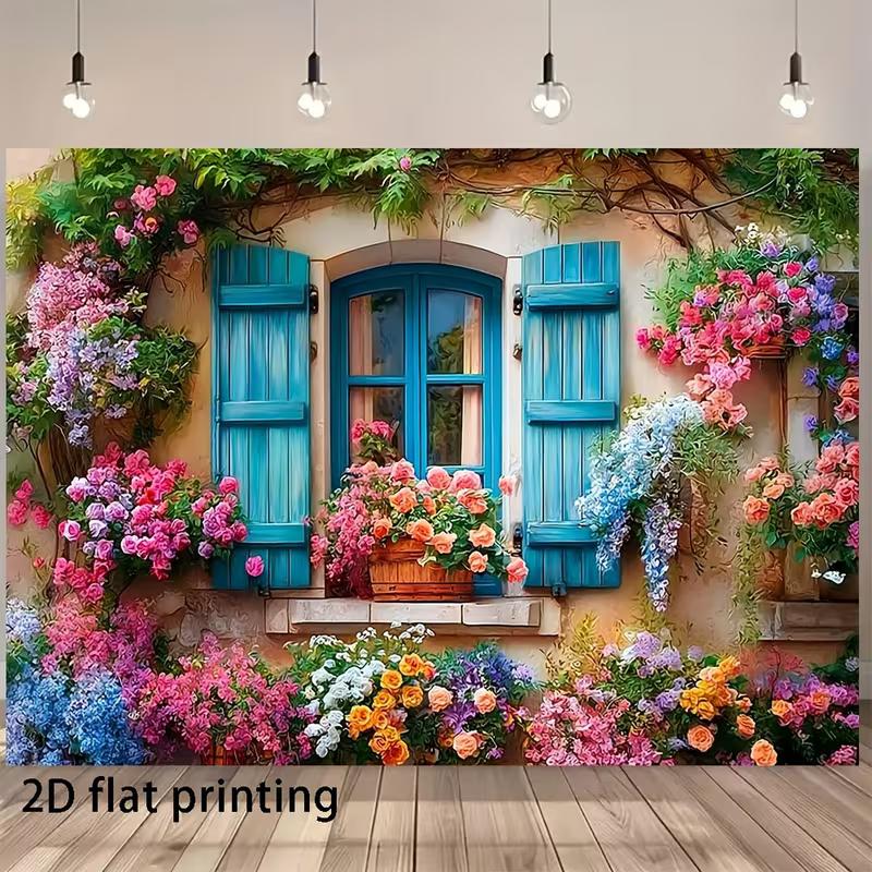 

2D Provence Floral Backdrop, Rustic Blue Window with Colorful Roses Background Cloth for Photoshoot 47.2x31.5inch/120*80cm