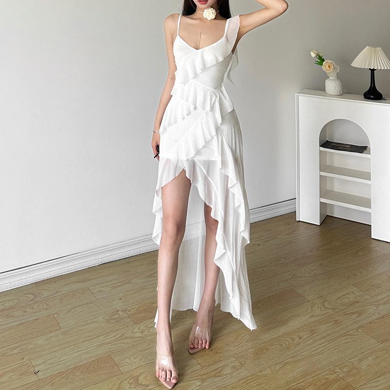 Women's White Ruffled High Low Maxi Dress Sexy V-Neck Spaghetti Strap Backless Bodycon Party Dress