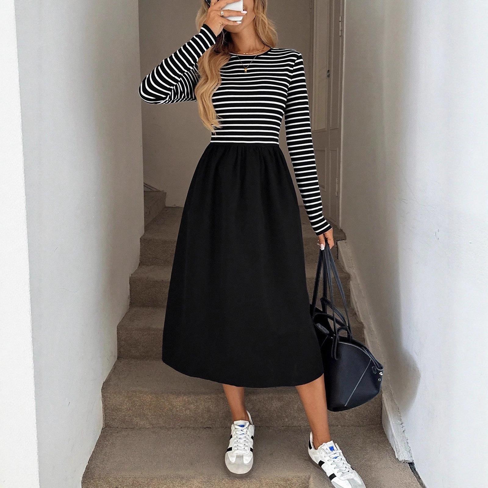 

Women s Black & White Striped Midi Dress - Long Sleeve, Round Neck, Slim Fit, Casual Style for Autumn/Winter Medium чорний