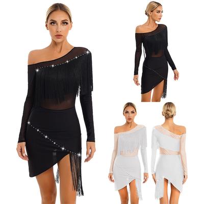 Robe de Danse Asymétrique à Franges pour Femme avecempiècements en Maille Transparente Manches Longues et Ourlet Irrégulier pour Tango Latin Cha Cha Samba