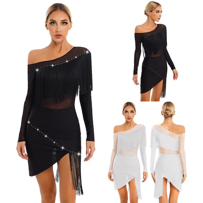 Fringed Dance Dress Sheer Mesh Patchwork Long Sleeve Irregular Hem Dresses for Tango Latin Cha-Cha Samba