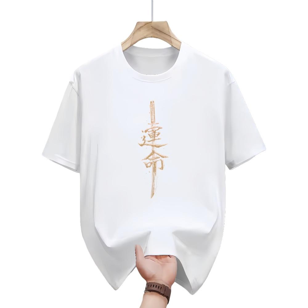 Mens summer 100 pure cotton fashionable casual loose Japanese samurai sword pattern printed round neck short sleeved Tshirt