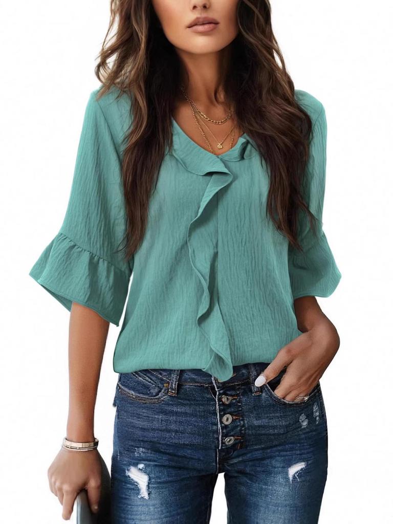 European & American Style Ruffled Lantern Collar Casual Women's Short-Sleeve Top 2026