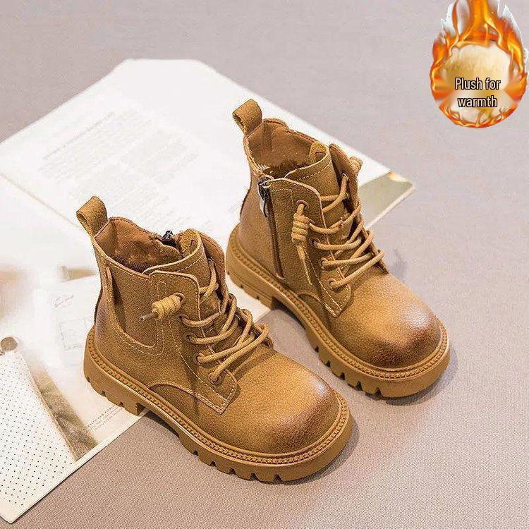 2025 Autumn/Winter Kids' Soft Sole Ankle Boots: Boys & Girls Plus Velvet Yellow Martin Boots