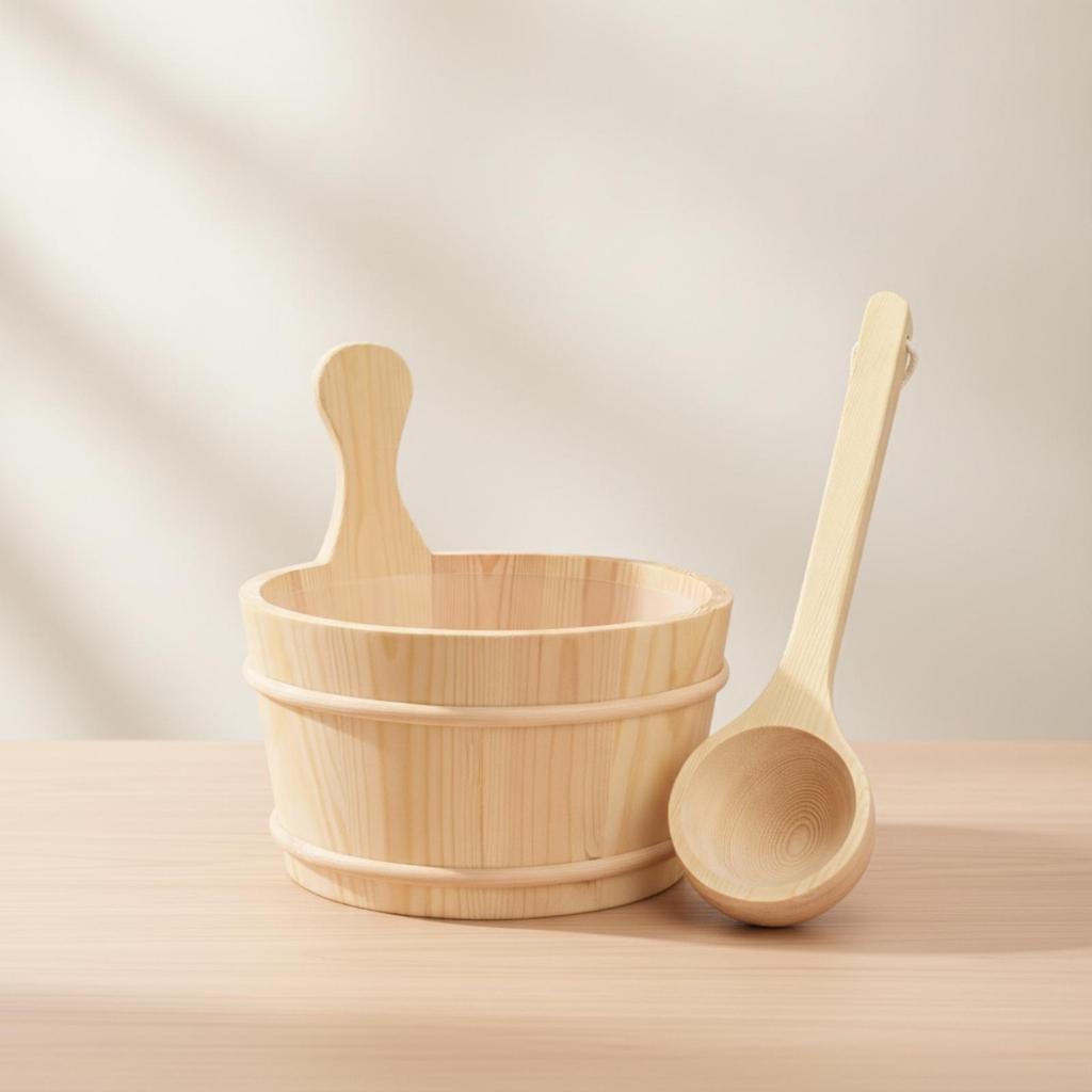 Wooden Sauna Pail Natural Wood and Ladle Set Long-Lasting