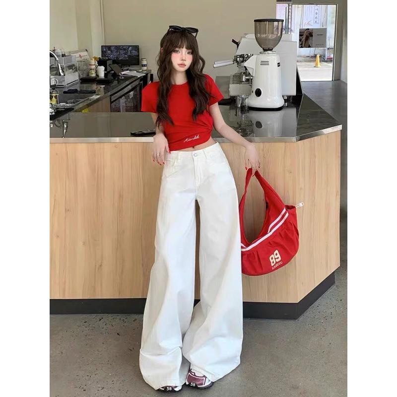 Plus Size High Waist Retro White Wide-Leg Jeans for Women - Summer 2025 Trendy Slimming Floor-Length Pants