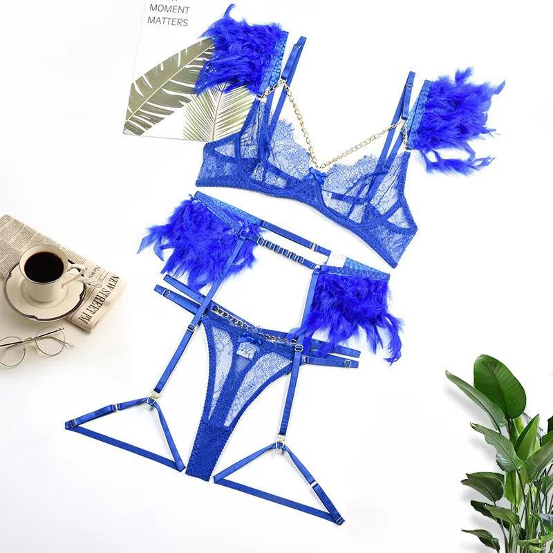 Sexy Lingerie Sets Exquisite See Throug Lace Feather Exotic Underwear Set Metal Chain Bra And G-String Garter Belt 3 Piece Suits