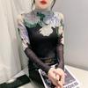 2023 High-Neck Floral Mesh Pullover: Elastic Long-Sleeve Autumn/Winter T-Shirt
