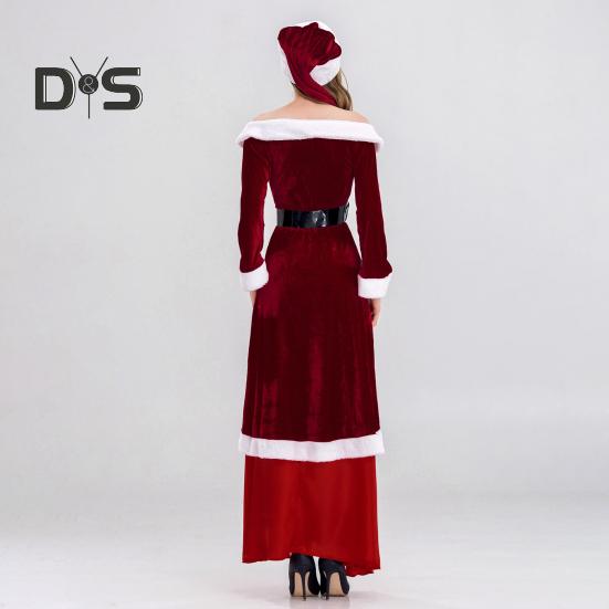 Women Christmas Dress Santa Cosplay Off Shoulder Color Matching Retro Yoyal Style with Belt And Hat A-line Performance Party Festive Costume