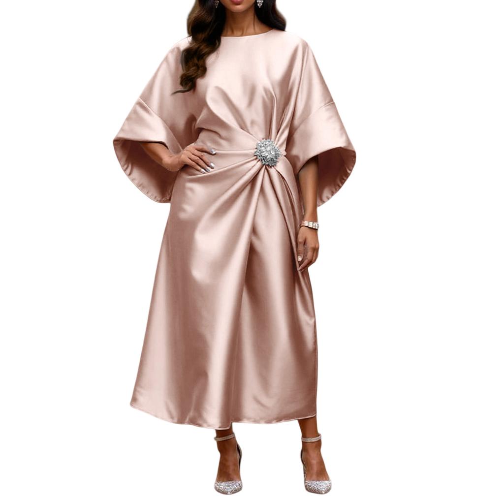 Elegant And Sophisticated Satin Dress With Beaded Floral Embellishments For Women's Commuting.