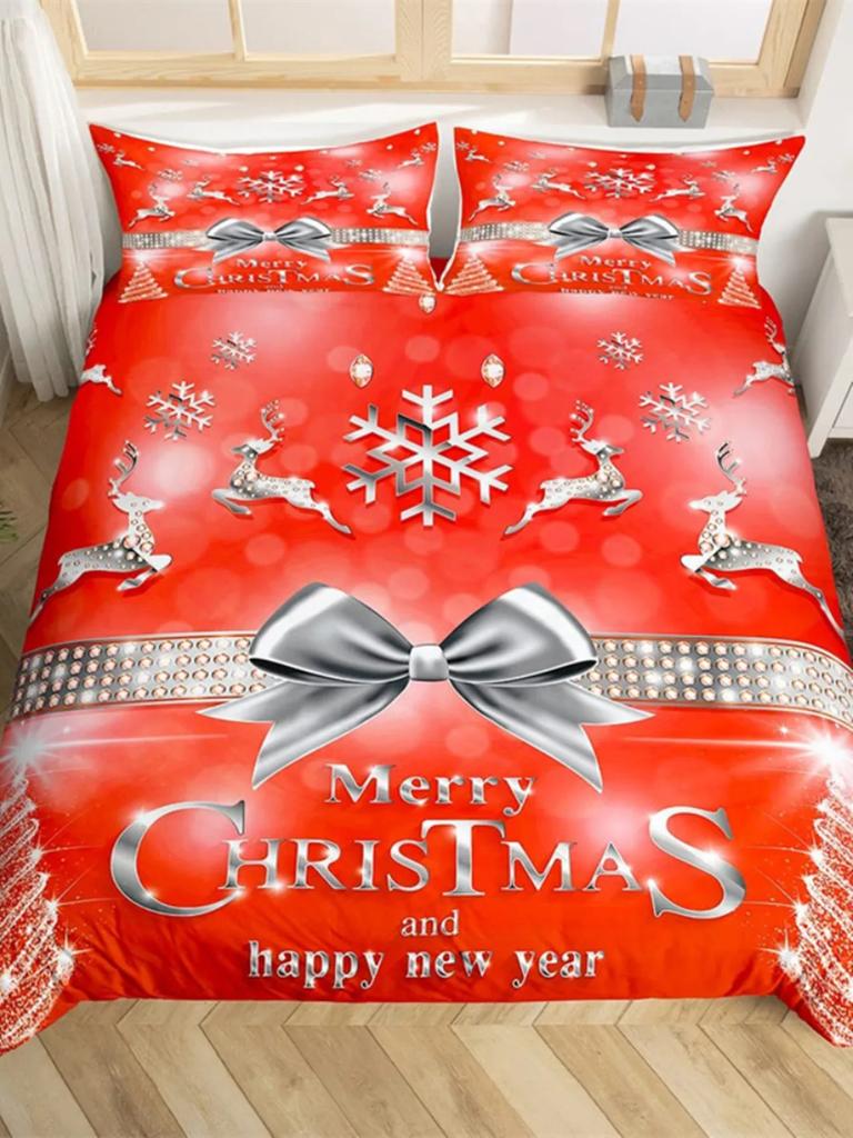 Merry Christmas Duvet Cover Happy New Year Microfiber Xmas Deer Elk Bedroom Decoration for Boys Girls Golden Bow Holiday Gifts