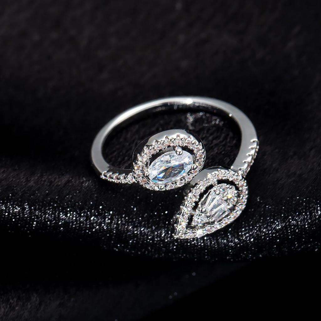 2026 Women's Light Luxury Double Stone Adjustable Ring, Oval & Pear Shape, Bright Silver, Full Pave Zirconia.
