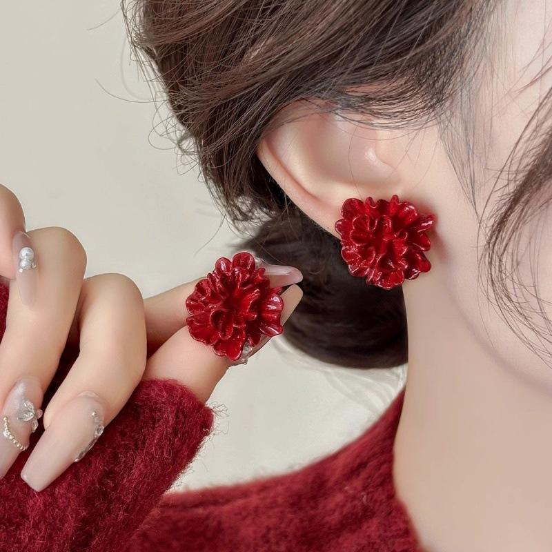 Ankola Red Camellia Stud Earrings Blue Three-dimensional Pleated Flower Earrings Fashionable and High-end New Popular Earrings