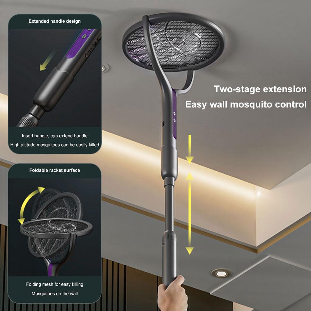 Matamoscas Eléctrico de Cabeza Giratoria 2 en 1 Matamoscas Recargable y Trampa para Mosquitos Lámpara UV Matamoscas Raqueta para Dormitorio Interior