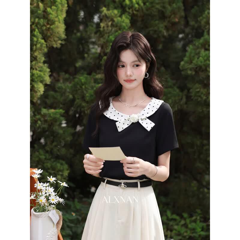 Women s Black Polka Dot Contrast Short Sleeve T-Shirt M