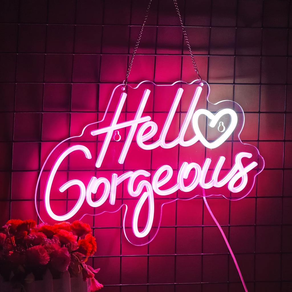 Hello Gorgeous Neon Sign Pink Led Neon Light Letters Heart Decorative Wall Lights for Girls Room Wedding Anniversary Engagement