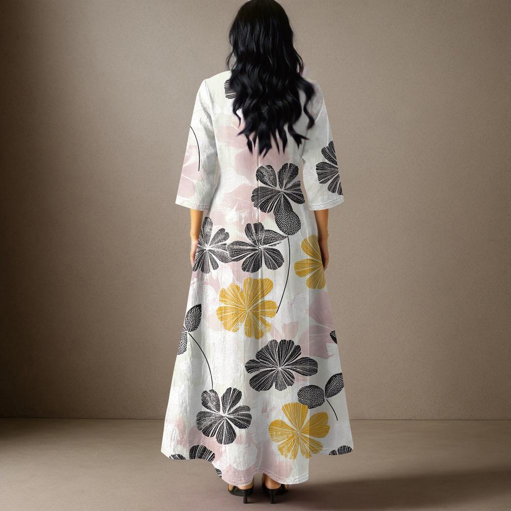 Women's Casual Fashion Floral Print Three-quarter Sleeve Long Dress With Pockets