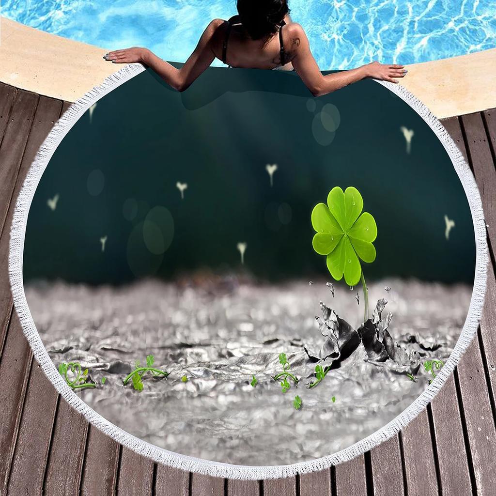 Lucky Clover Round Beach Towels,Soft Lightweight Sand Free Happy St. Patrick's Day Beach Blanket,Spring Botanical Leaves Towel
