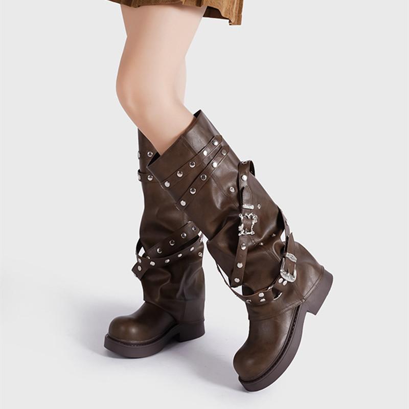 Fashion Autumn Winter Vintage Rivet Belt Buckle Women Punk Motorcycle Boots Fashion Square Heeled Knee-high Knight Tube Long Booties