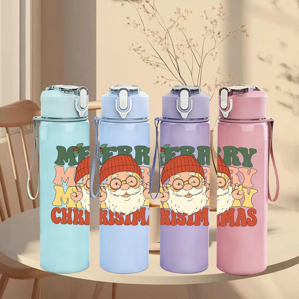 1PC Merry Christmas Santa Grunge Art 750ml Color Plastic Sports Water Bottle Leakproof Flip Straw Lid Suitable for Sports Office Home Use