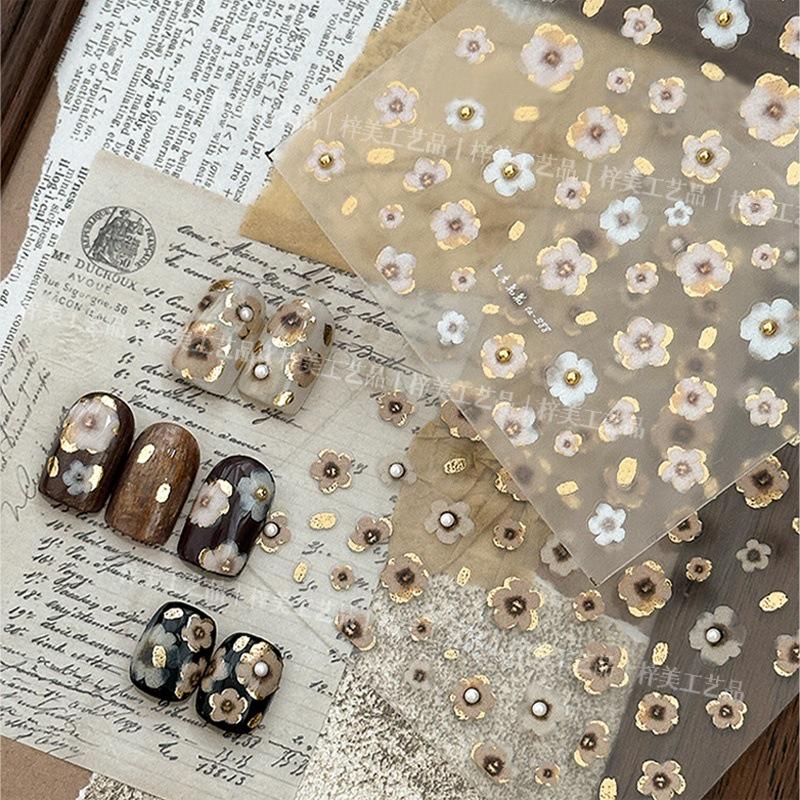 

Korean Style Retro Black & Gold Floral 5D Nail Stickers with Crystals & Pearls