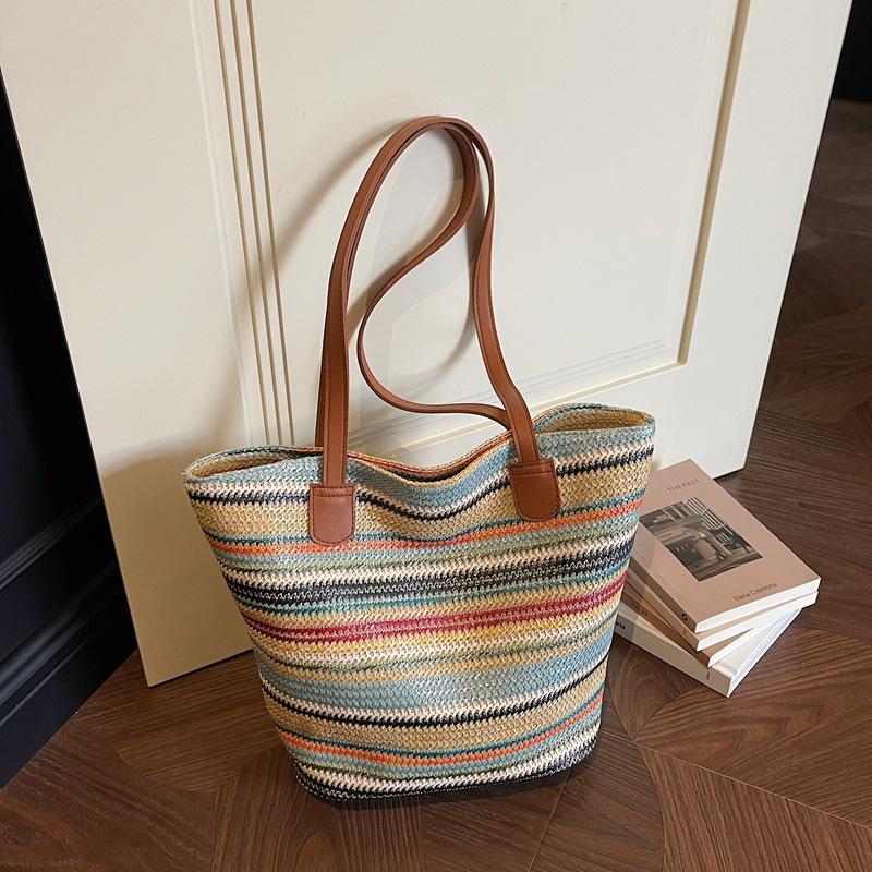 Fashi Retro Straw Woven Shoulder Bag Simple Underarm Bag Summer Rainbow Woven Tote Bag Seaside Vacati Grass Woven Handbag