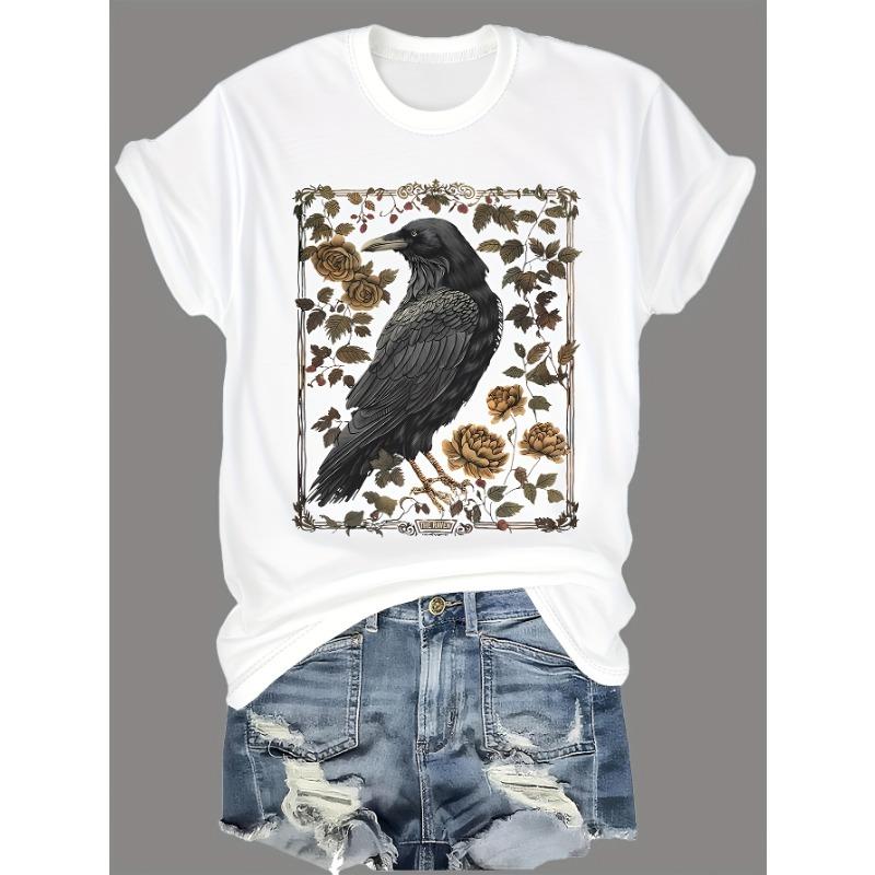 Retro Flower and Crow Pattern Printing + Short Sleeves + Round Neck T-shirt + Spring and Summer Women's Clothing