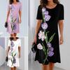 Women Dress Floral Breathable Pullover Sleeves O Neck Short Tulip Print Loose Soft A-line Knee
