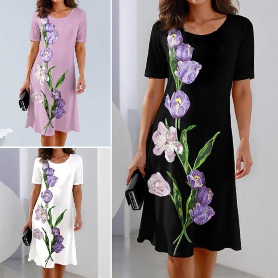 Women Dress Floral Breathable Pullover Sleeves O Neck Short Tulip Print Loose Soft A-line Knee