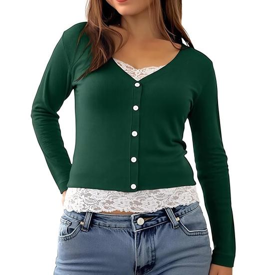 

Жіночі Топи V-подібний виріз Довгий рукав Мереживна вставка Дизайн під два предмети Блузка Приталений крій Повсякденні Топи Для роботи Вечірки Побачення Щоденне носіння S зелений