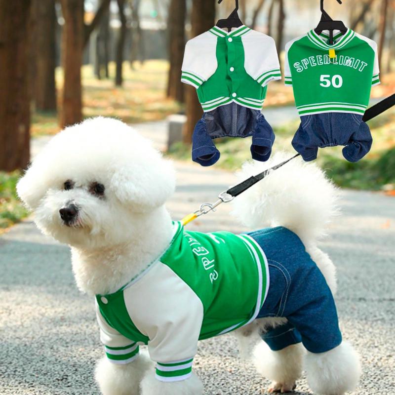 Pet 4-Leg Jumpsuit In Navy and Print Color Block Design, Letter Print, for Cats & Dogs, Suitable for Spring/Autumn