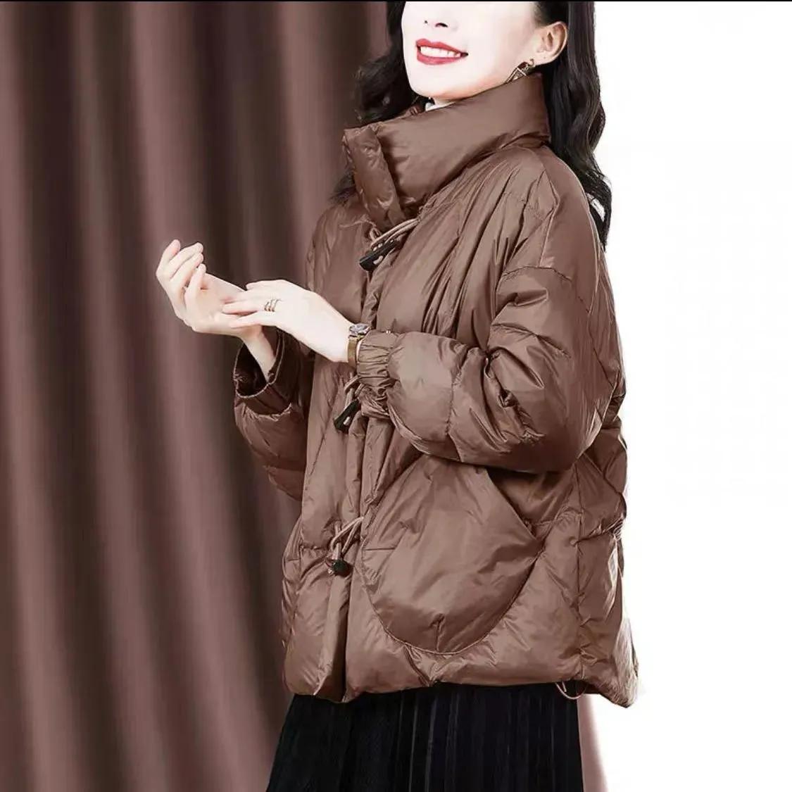 

Винтажная хлопковая стеганая куртка с воротником-стойкой, зимнее пальто с пряжкой и рогом, свободная стеганая куртка, пальто, модное женское пальто в корейском стиле, украшение кармана XXL кофейный