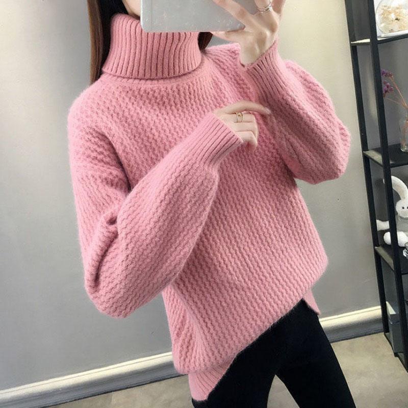 

Свитер с высоким воротником, женский пуловер, осень/зима 2023, короткий свободный вязаный свитер с длинным рукавом и универсальной нижней частью, пуловер, женские топы One Size розовый