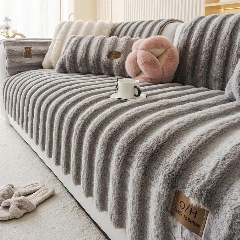 1PC Warm Rabbit Plush Sofa Seat Cover Non-Slip Cat Anti-scratch Sofa Slipcover Thick Couch Towel for Living Room Funda